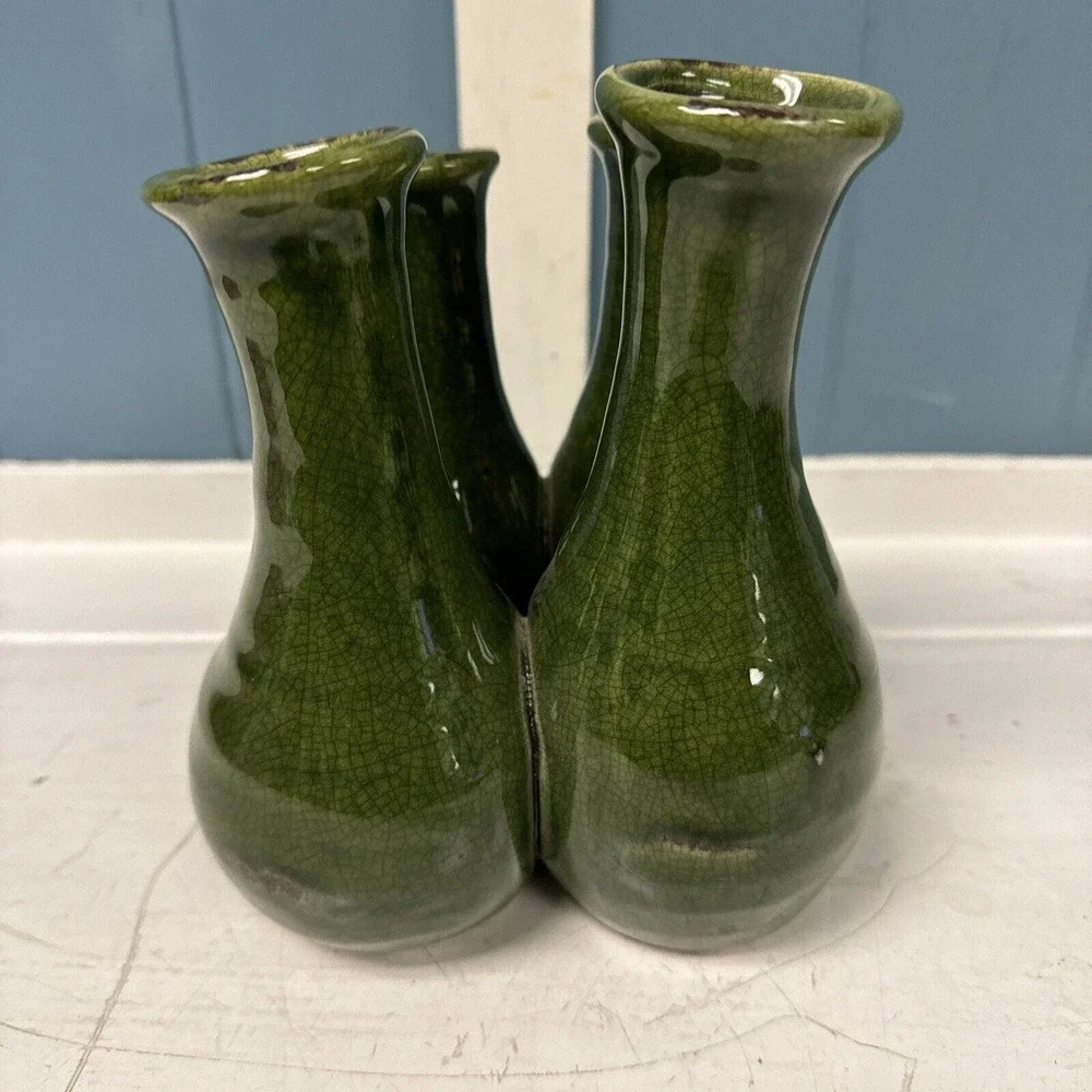 Vintage Pottery Crazed Green Finger 7”‎ Vase Four Vessel MCM RARE